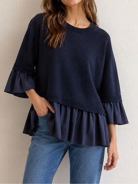 COS Shirt Detail Knitted Jumper Sweater Navy XS Layered Ruffle Hem Minimalist